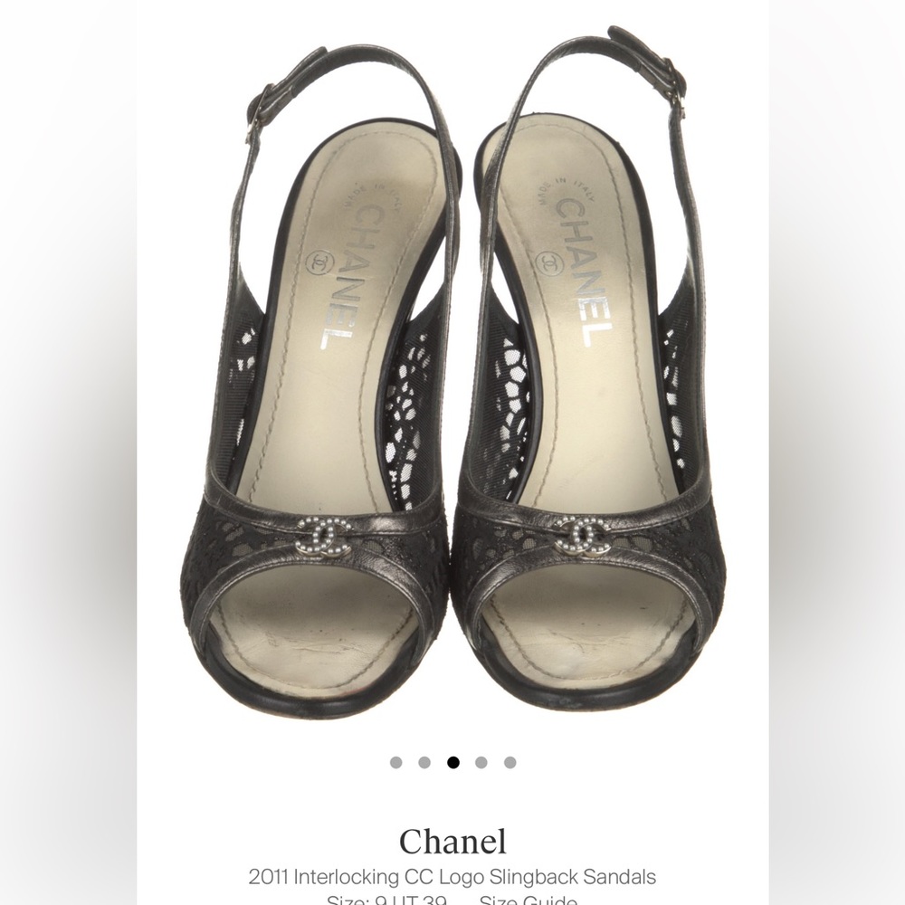 Chanel Black Lace Mesh Pearl CC Logo Slingback Pumps Heels size 39 fit like 8